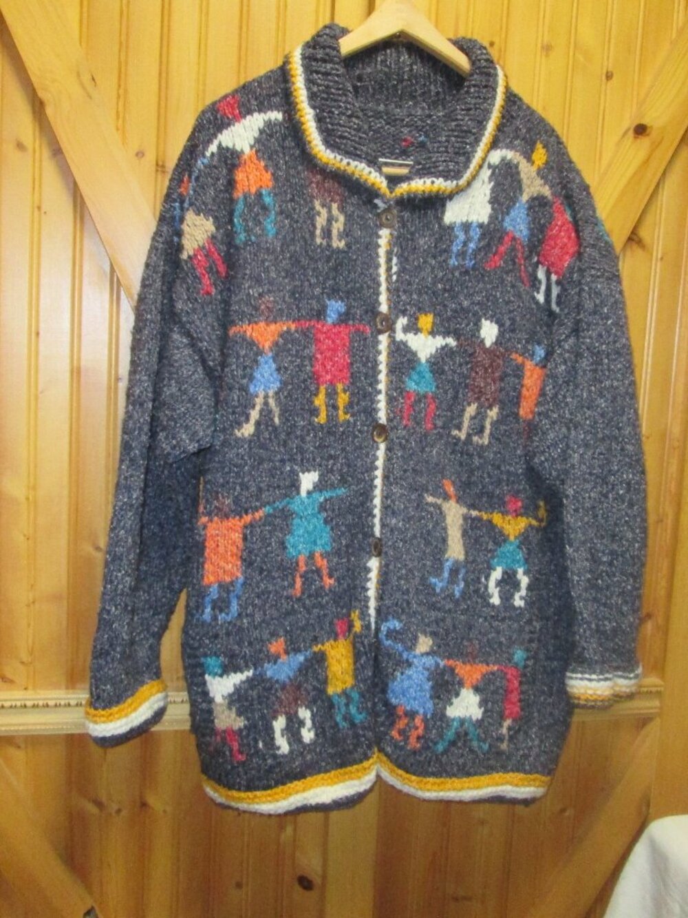 BOHO wool chunky xl oversize sweater jacket graphic people dancing unique 80s